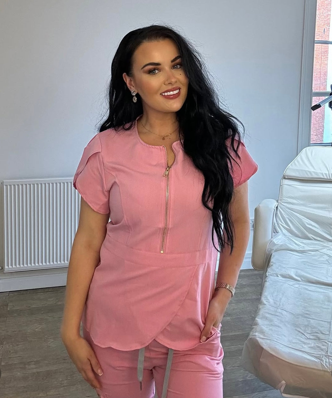 The Scrub Club Glam scrubs in pink colour. Medical and aesthetics uniform